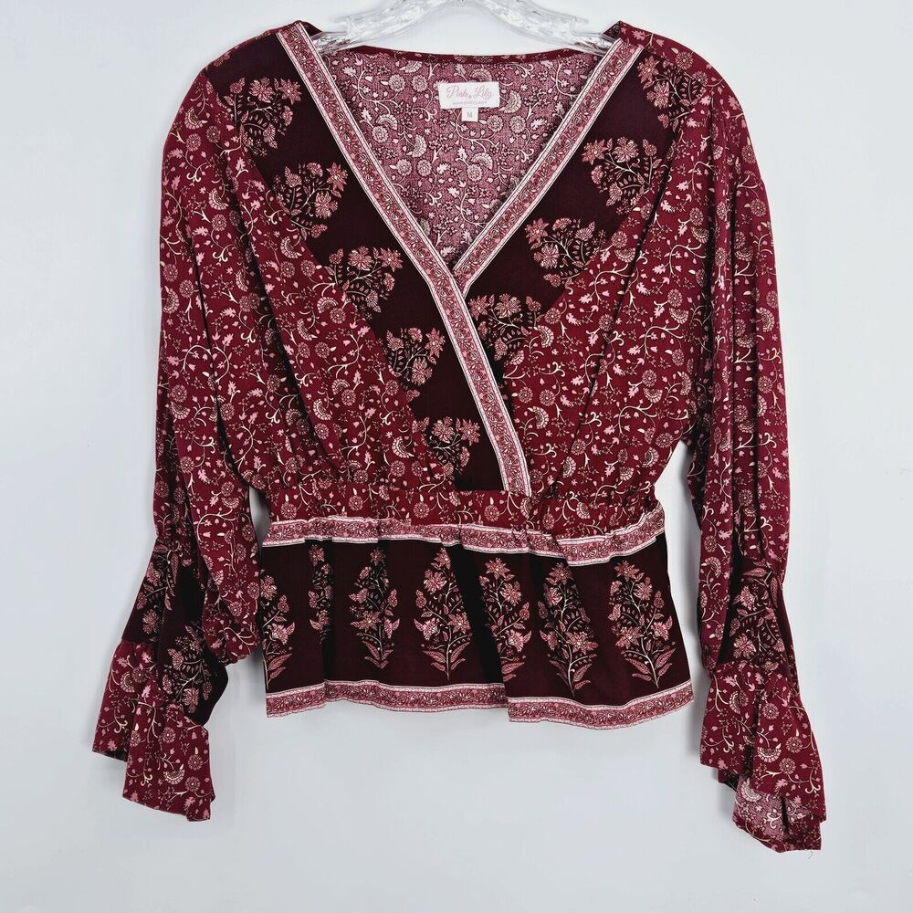 Pink Lily Floral Surplice Neck Blouse Top Medium Long Sleeve Cropped Maroon Pink